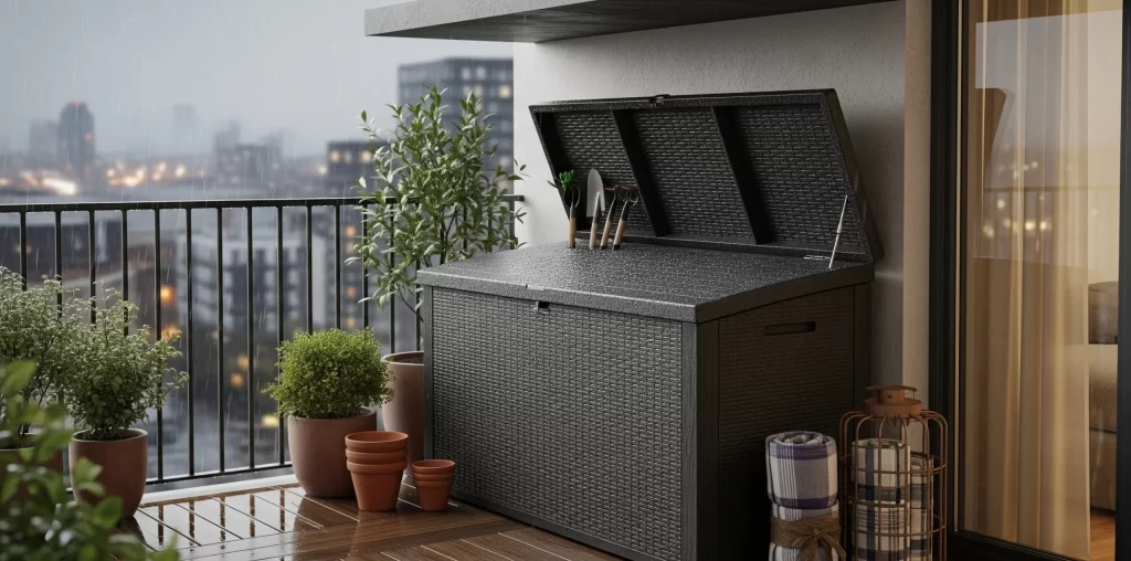 weather resistant storage container Malaysia on a balcony