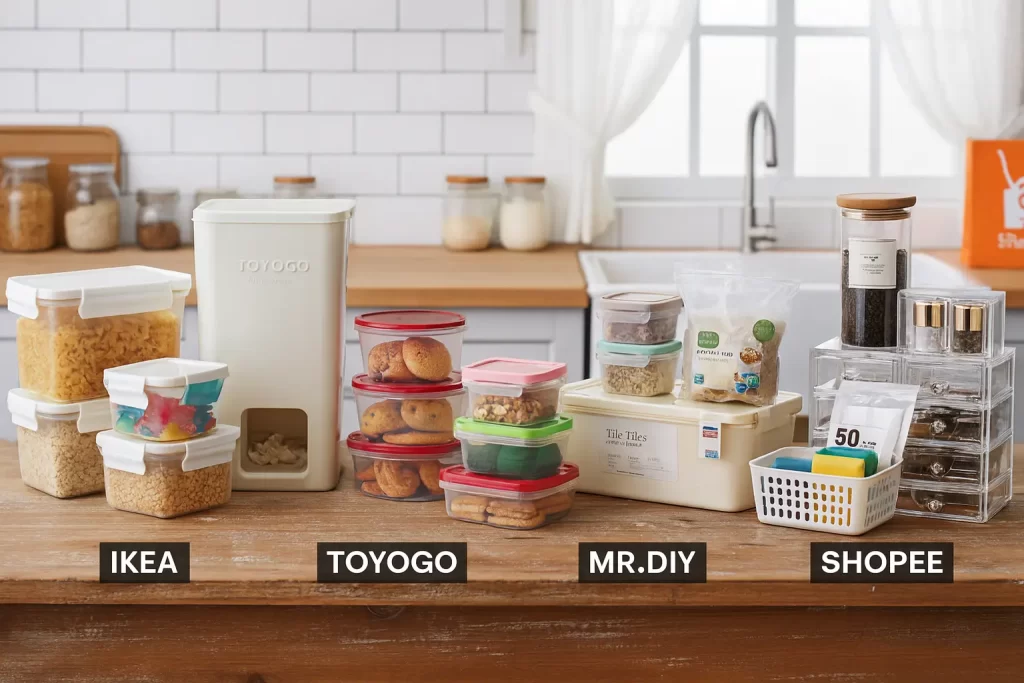 Plastic storage container size comparison chart used in Malaysia homes