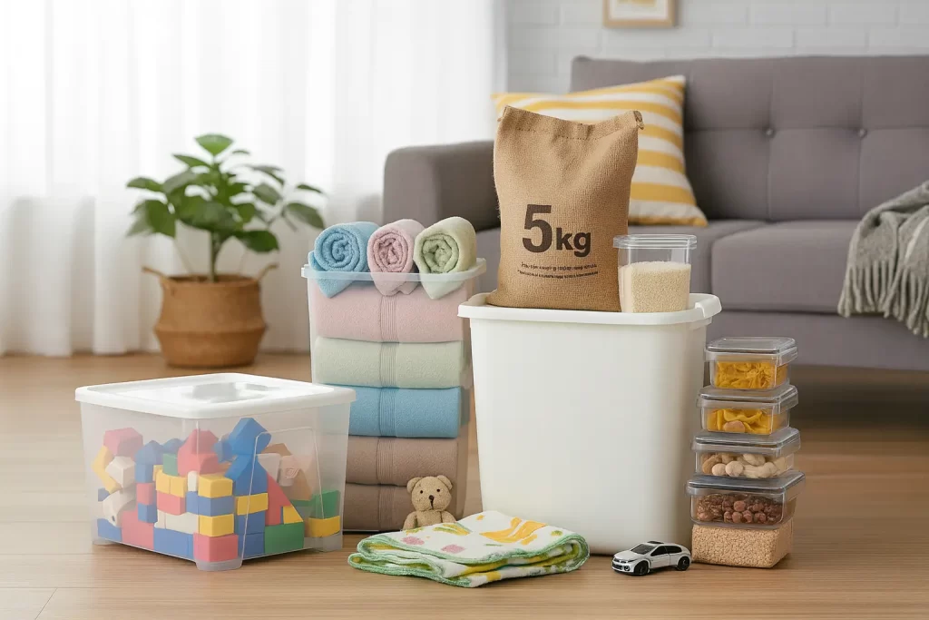 Malaysian family using plastic storage containers for kitchen, wardrobe, and toy storage