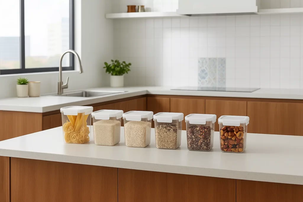 Kitchen in Malaysia neatly arranged with stackable plastic storage containers