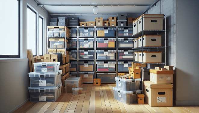 Organized storage room with various types of labeled storage boxes neatly stacked and arranged