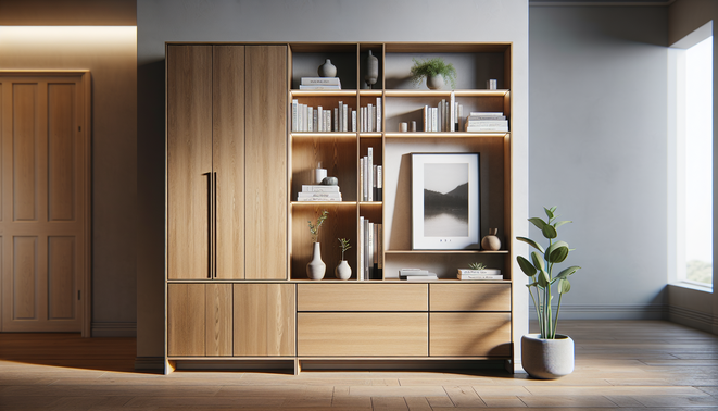 Modern cabinet with bookshelf displaying books and decor in a stylish living room