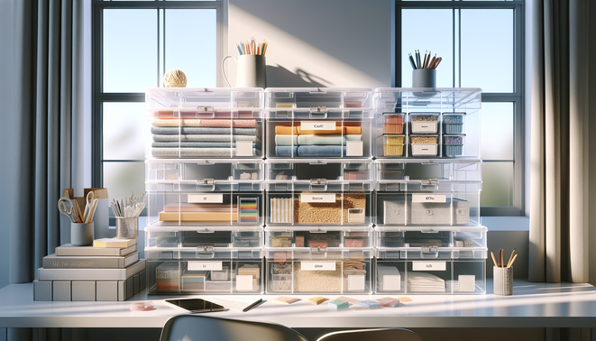 Neatly stacked clear storage boxes containing visible craft supplies, clothing, documents, and pantry items in an organized home office.