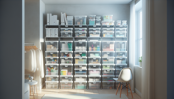 Clear plastic storage boxes neatly organized on shelves with visible contents inside