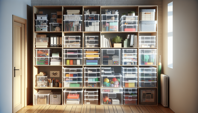 Neatly stacked transparent storage boxes on shelves containing organized office supplies and clothing