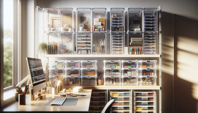 Neatly stacked transparent storage boxes filled with office supplies and craft materials in an organized workspace.