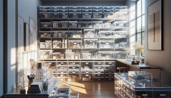 Neatly stacked transparent storage boxes showing organized contents in a modern storage area