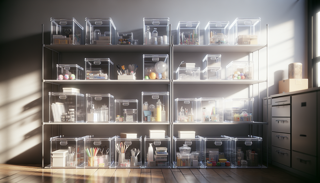 Neatly stacked transparent storage boxes with visible contents organized on shelves