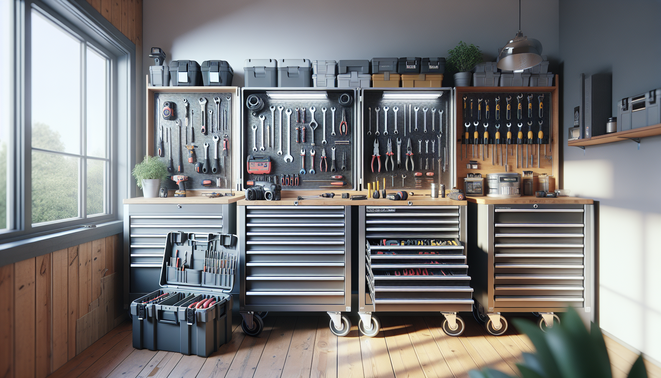 Modern workshop with various organized tool boxes including rolling chest, portable case, and wall-mounted storage system.