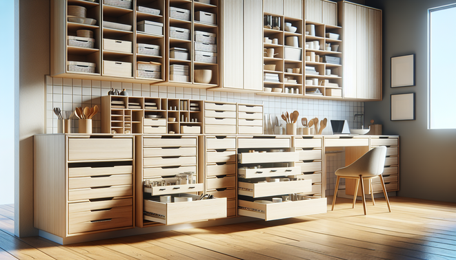 Modern interior showcasing various drawer cabinet styles in kitchen, office, and bathroom settings with organized storage