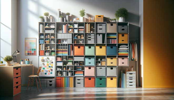 Colorful cube boxes organized in a modular storage system with books, supplies, and craft materials