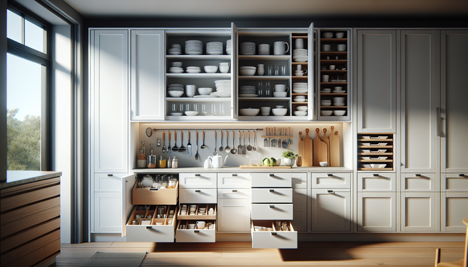 Modern kitchen with white cabinets and drawers showing organized storage solutions
