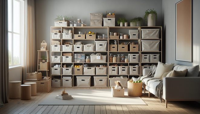 Modern living room with IKEA storage boxes organized on shelves in a minimalist Scandinavian style
