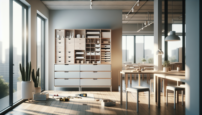 Modern IKEA-style drawer cabinet in a well-organized room with assembly tools nearby