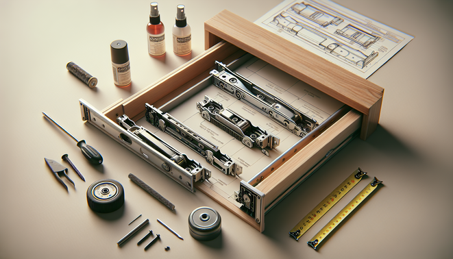 Illustration showing different types of drawer slides with mechanisms and installation tools
